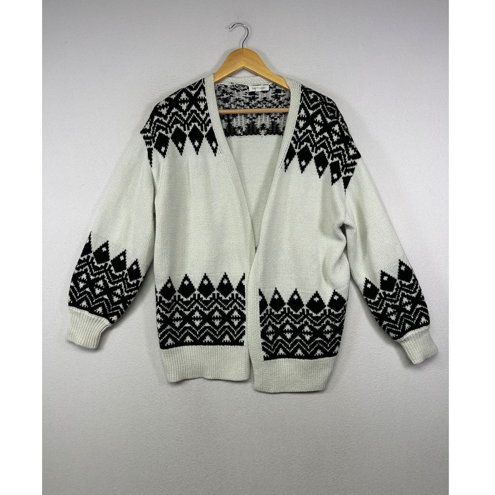 Nordic Boho Blu Pepper Women S White Black Fair Isle Geometric‎ Open Cardigan